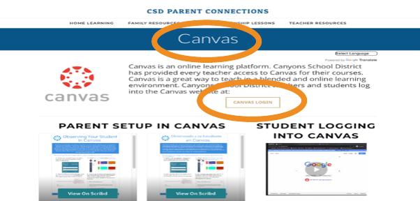 Screenshot from CSD Parent Connection Screen Shot with "Canvas" and "Canvas Login" Circled